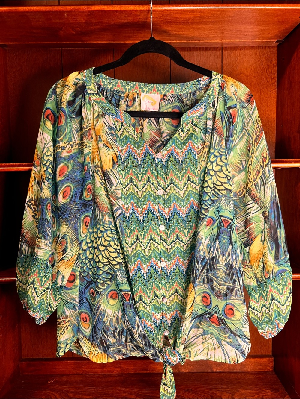 fig and flower Anthropologie Peacock-Print Tie-Front Boho/Artsy Blouse